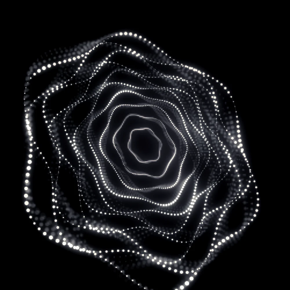Candy Bloom – Superformula · 172 circles · 6-fold symmetry · Candy palette · bloom, black-and-white grade, 3D depth, animated background, glow, motion trails, noise-sized shapes, depth sorting, connecting lines generated with Espiralito