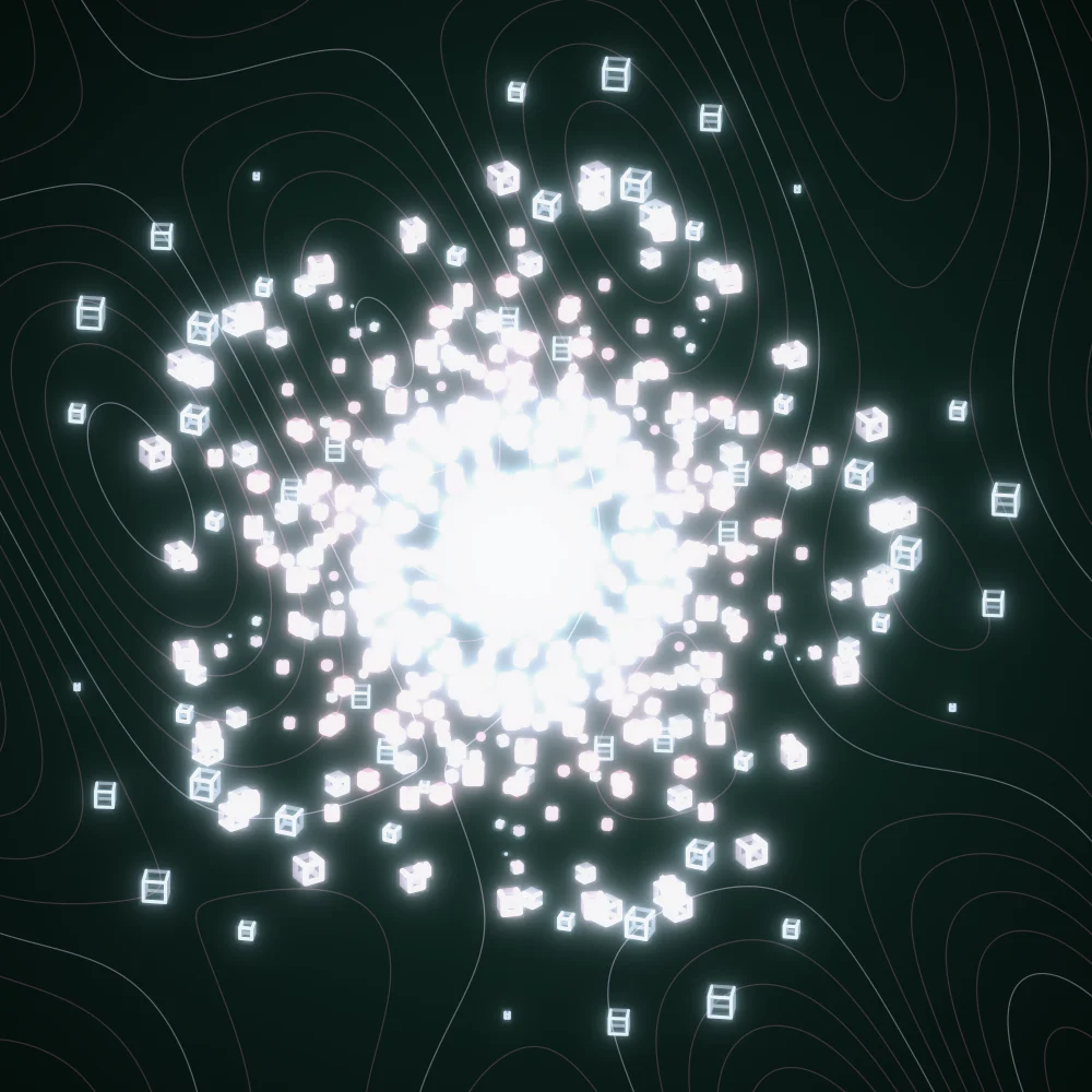 Candy Cubes – Spiral · 104 wireframe cubes · 5-fold symmetry · Candy palette · bloom, 3D depth, dual spiral, tapered strokes, fit-to-canvas, glow, noise-sized shapes, depth sorting, turning solids generated with Espiralito