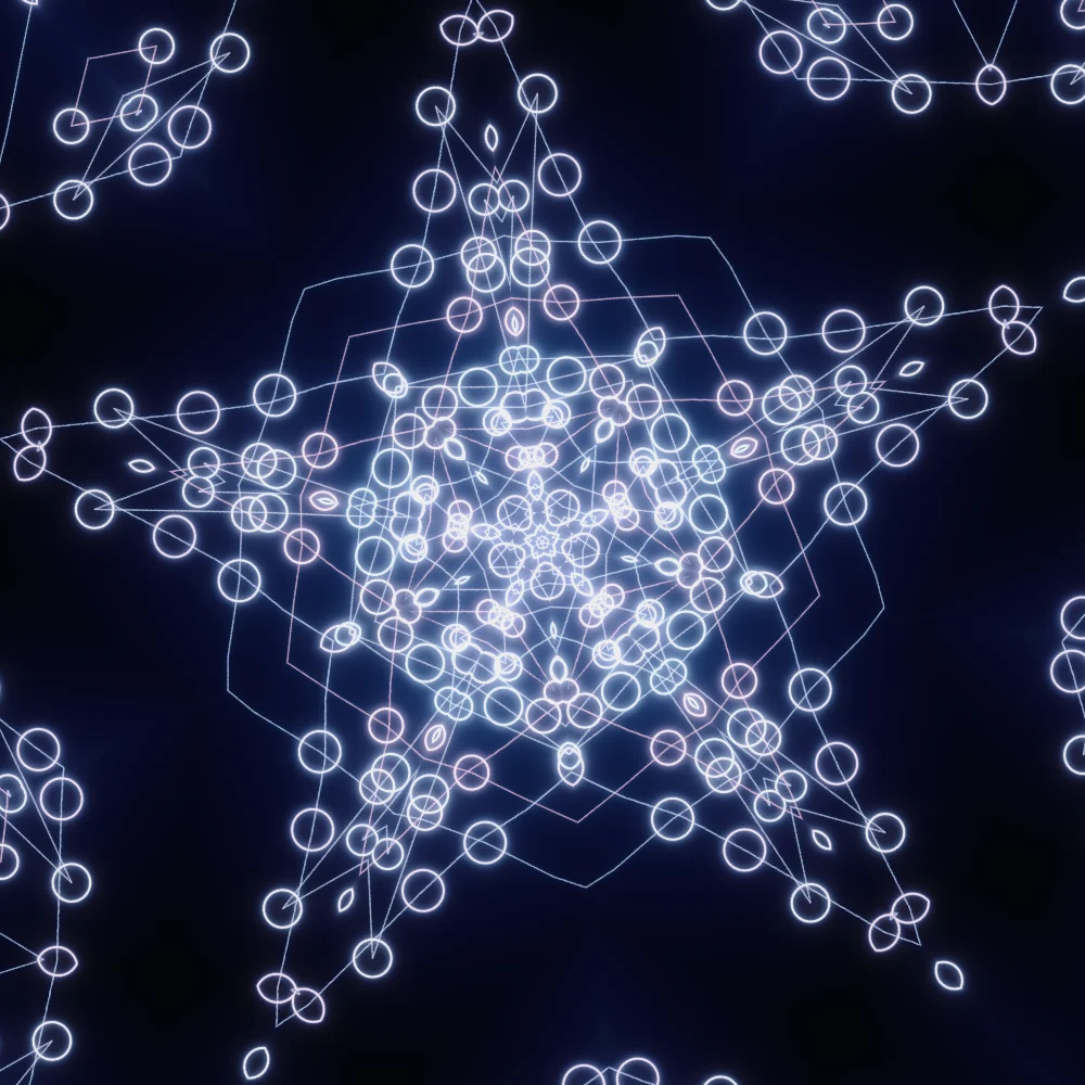 Candy Mirror – Mandala · 220 circles · Candy palette · 5-wedge kaleidoscope with 2 fractal folds, bloom, glow generated with Espiralito