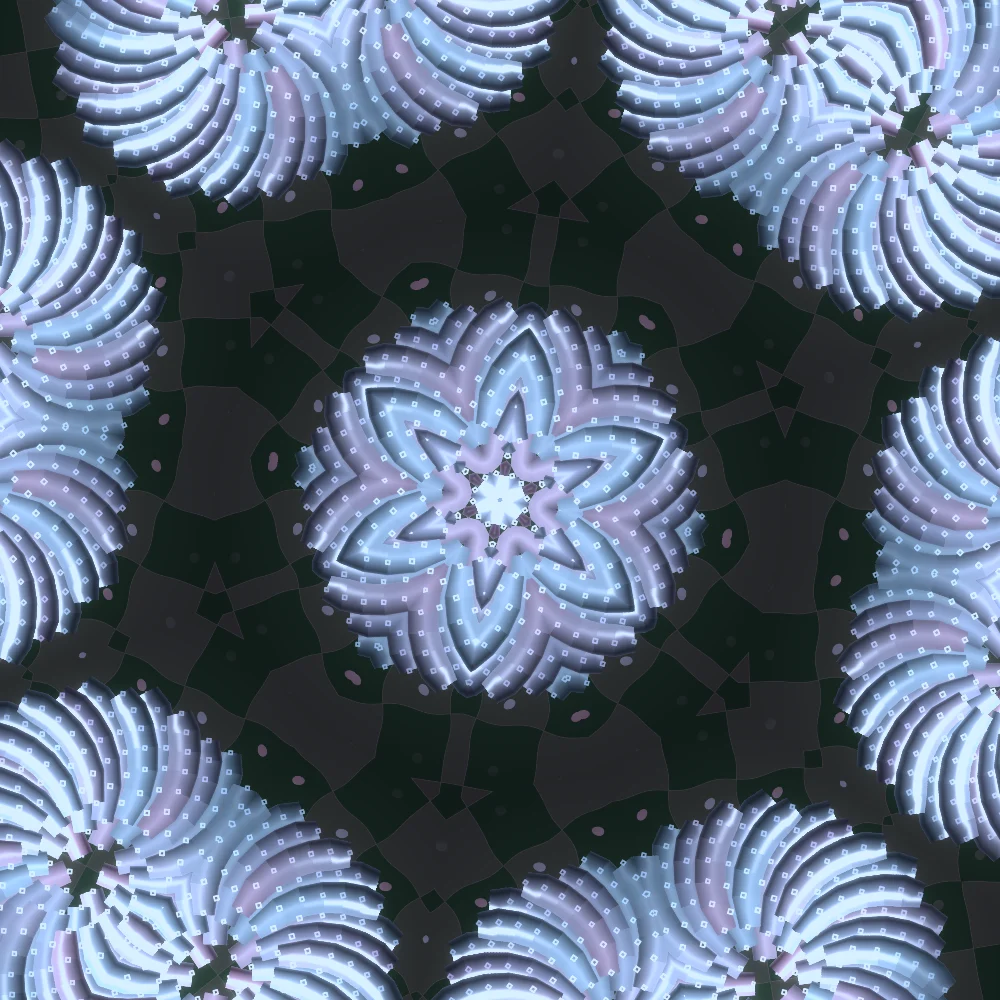 Candy Mosaic – Fibonacci · 125 diamonds · Candy palette · shaded ribbons, 6-wedge kaleidoscope with 2 fractal folds, bloom, cool grade generated with Espiralito