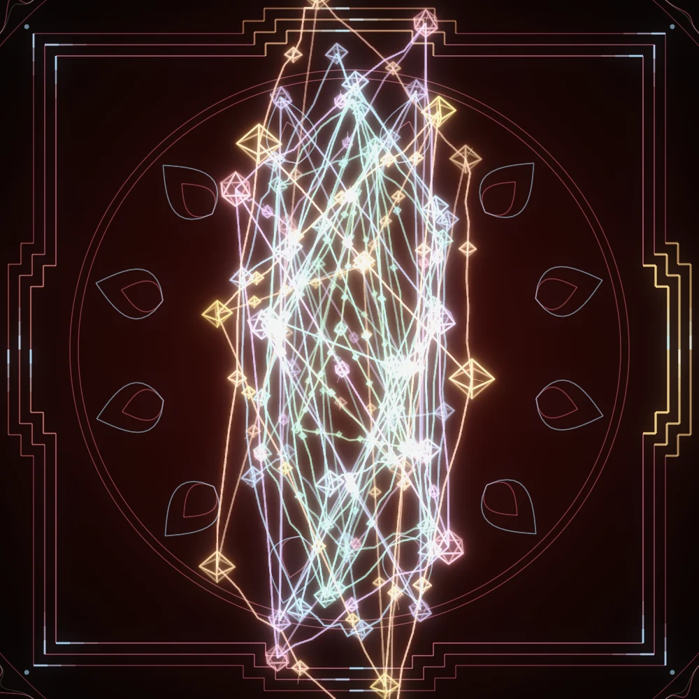 Candy Octahedra – Mandala · 245 wireframe octahedra · Candy palette · bloom, ellipse distortion, glow, turning solids generated with Espiralito