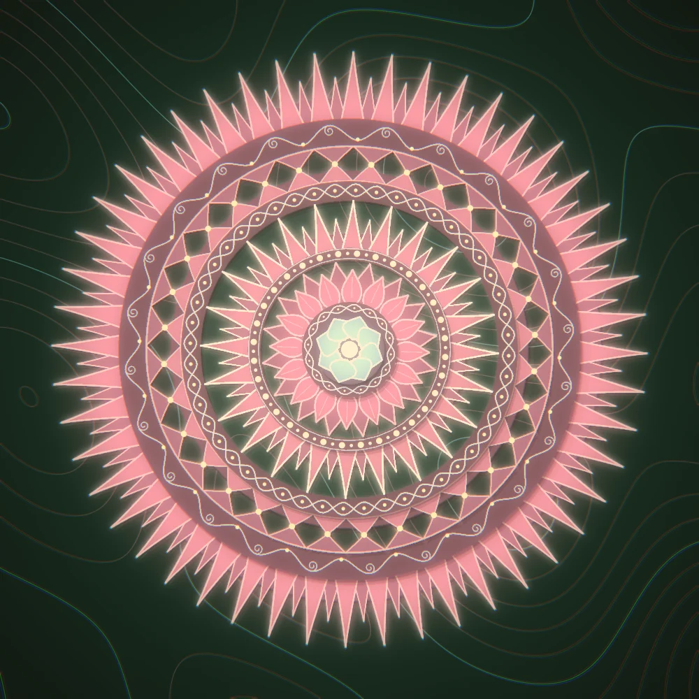 Candy Whorl – Mandala · 220 diamonds · Candy palette · bloom, chromatic aberration, warm grade, glow generated with Espiralito
