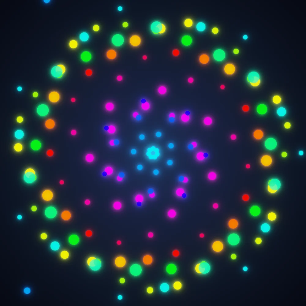 Carnival Orbs – Spiral · 153 wireframe spheres · 7-fold symmetry · Rainbow palette · bloom, 3D depth, tapered strokes, glow, noise-sized shapes, depth sorting, turning solids generated with Espiralito