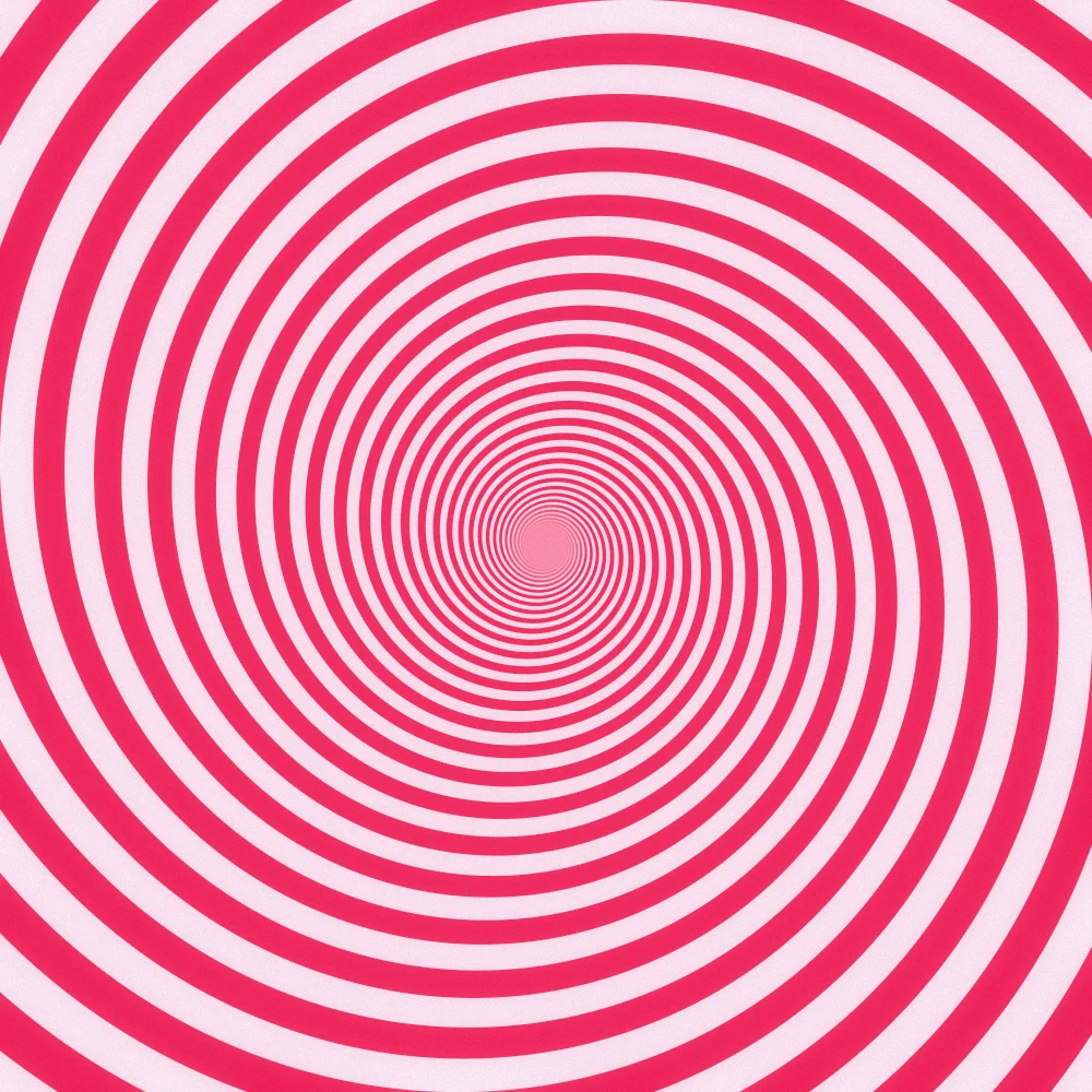 Cherry Tunnel – Hypnotic · the rings of an endless op-art tunnel · 8 arms · Cherry palette · bloom, film grain generated with Espiralito