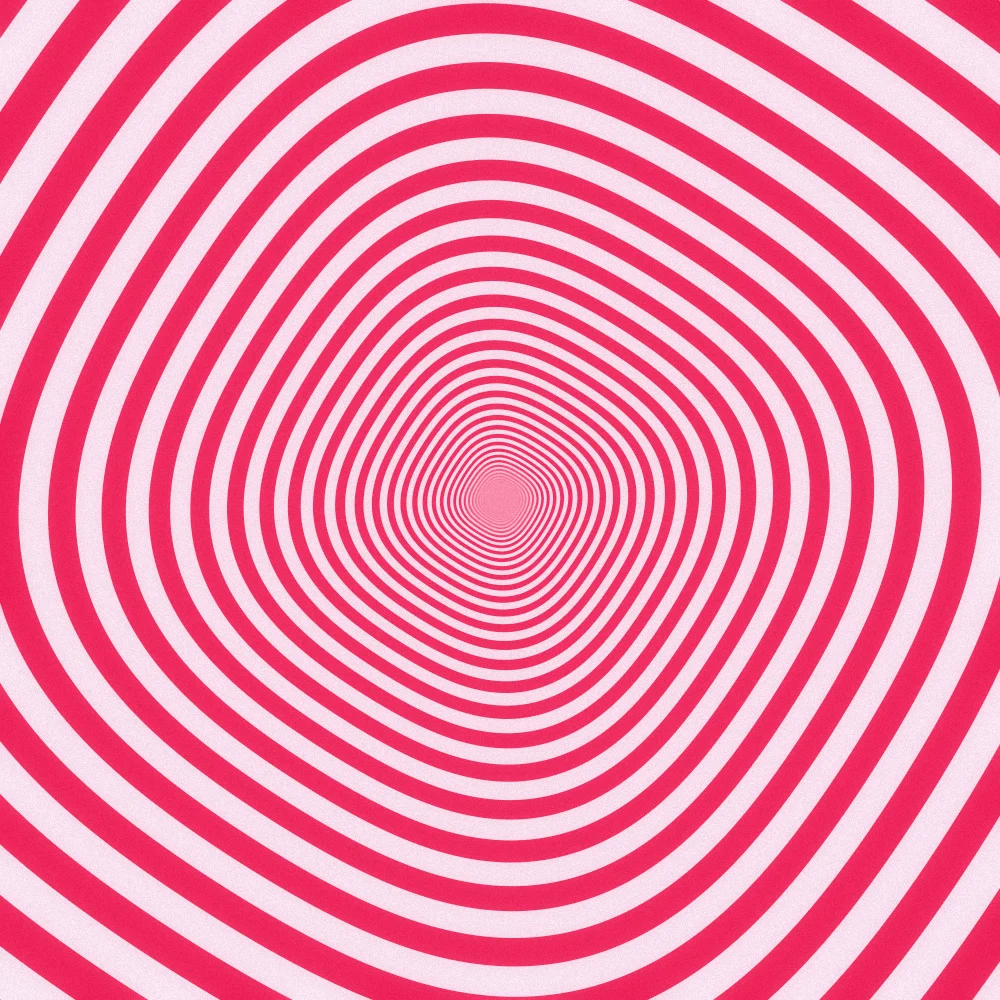 Cherry Wormhole – Hypnotic · the rings of an endless op-art tunnel · 4 arms · Cherry palette · bloom, film grain generated with Espiralito