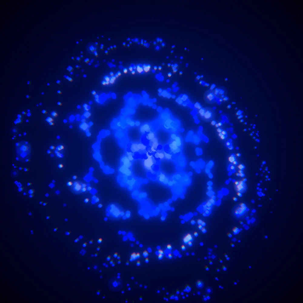 Cobalt Octahedra – Spiral · 60 wireframe octahedra · 4-fold symmetry · Cobalt palette · bloom, chromatic aberration, film grain, neon grade, 3D depth, dual spiral, tapered strokes, glow, depth sorting, turning solids generated with Espiralito
