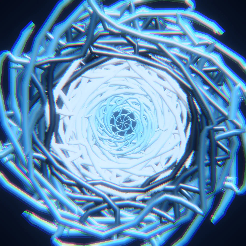 Cold Fire – Burst · 300 circles · 8-fold symmetry · Arctic palette · shaded ribbons, bloom, chromatic aberration, cool grade generated with Espiralito