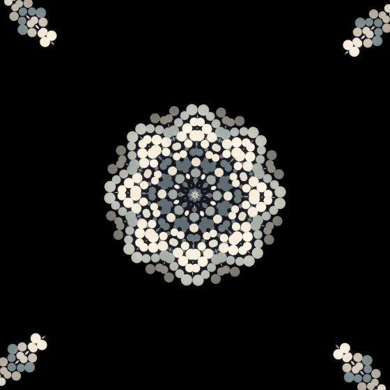 Comet Mirror – Fibonacci · 120 circles · Blue-Orange palette · 8-wedge kaleidoscope with 1 fractal fold, bloom, black-and-white grade, 3D depth, depth sorting