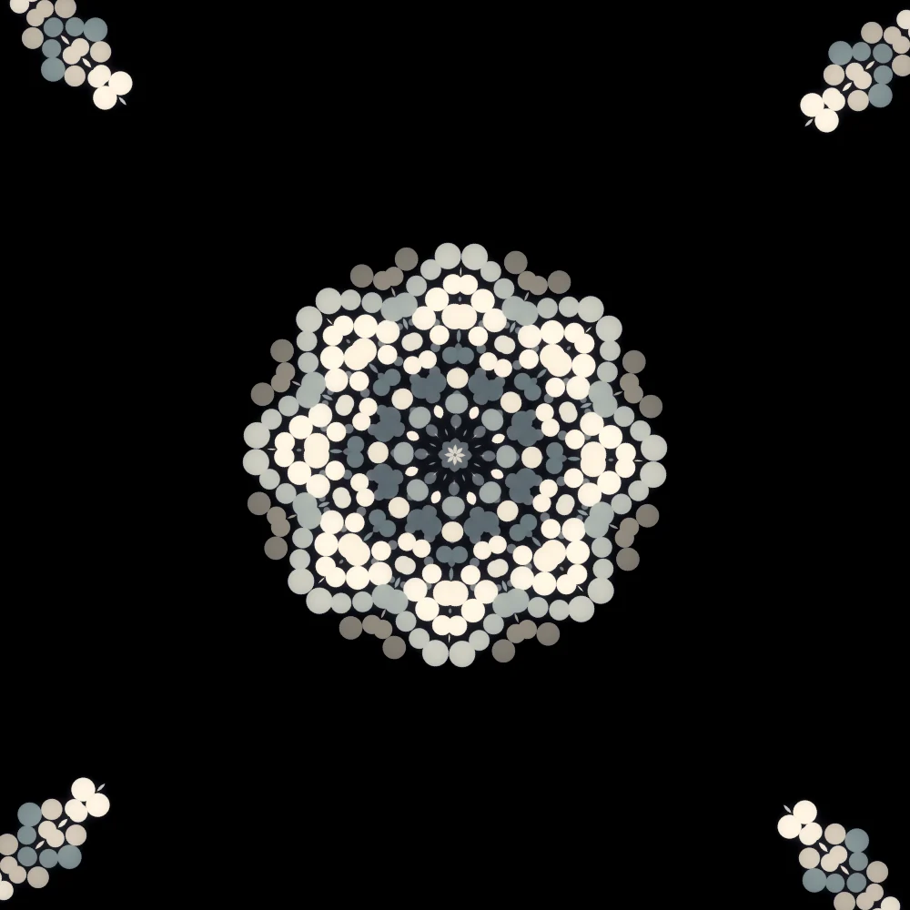 Comet Mirror – Fibonacci · 120 circles · Blue-Orange palette · 8-wedge kaleidoscope with 1 fractal fold, bloom, black-and-white grade, 3D depth, depth sorting generated with Espiralito