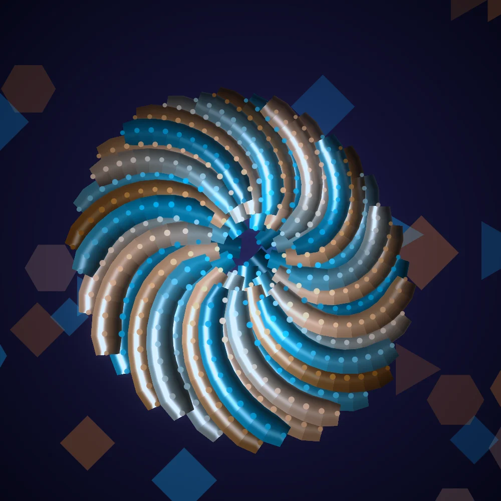 Comet Seedhead – Fibonacci · 199 circles · Blue-Orange palette · shaded ribbons, bloom, cool grade, 3D depth generated with Espiralito