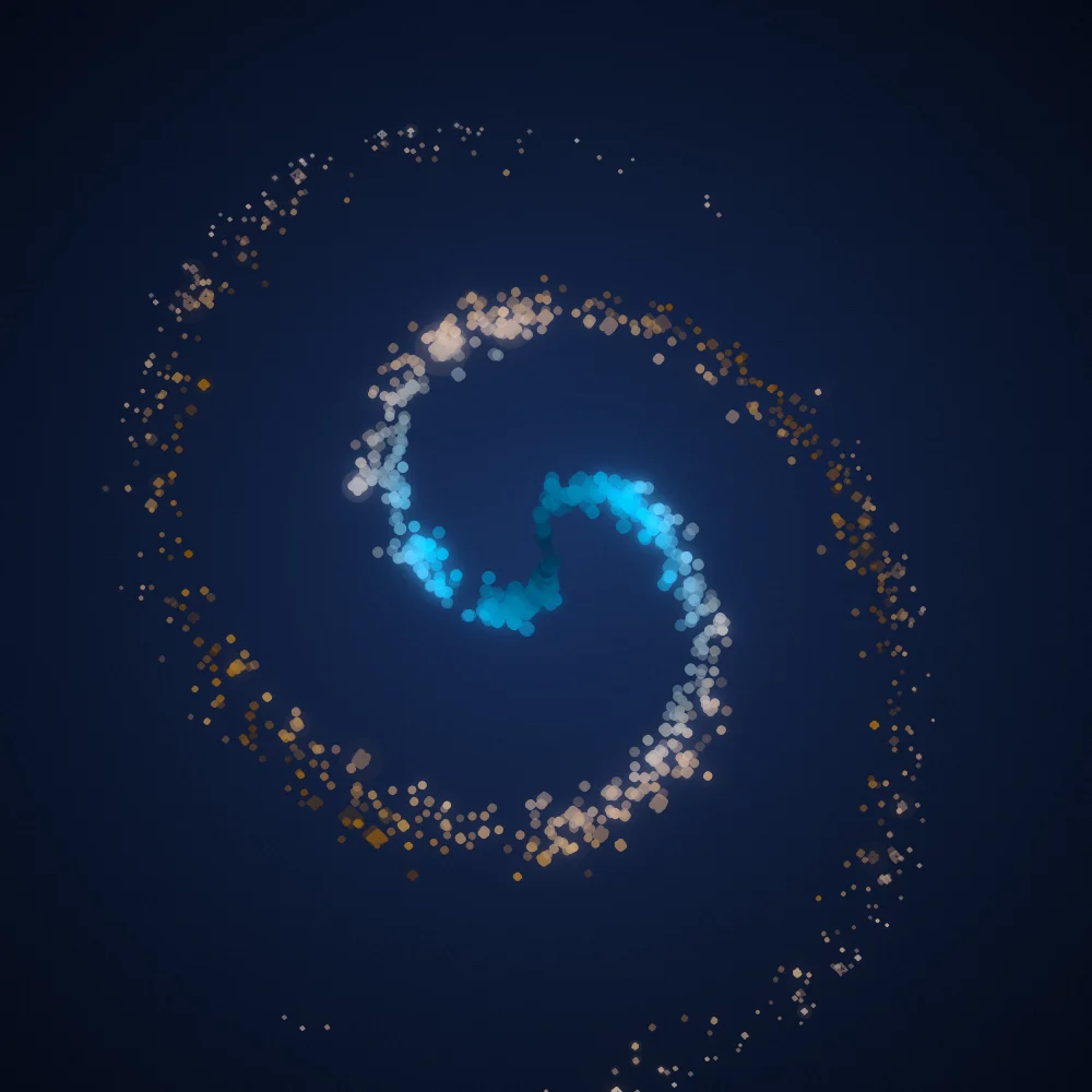 Comet Spiral – Spiral · 179 wireframe octahedra · 2-fold symmetry · Blue-Orange palette · bloom, film grain, cool grade, 3D depth, tapered strokes, noise-sized shapes, depth sorting generated with Espiralito