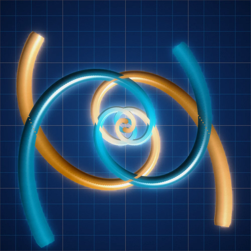 Comet Vortex – Spiral · 194 diamonds · 2-fold symmetry · Blue-Orange palette · ribbons + dots, bloom, film grain, 3D depth, dual spiral, tapered strokes, fit-to-canvas, glow, noise-sized shapes generated with Espiralito