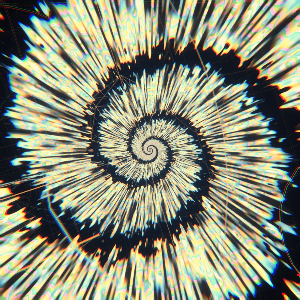 Comet Whirlpool – Tie-dye · a tie-dye spiral · 2 arms · Comet palette · bloom, chromatic aberration, warm grade, reverse rotation, animated background generated with Espiralito