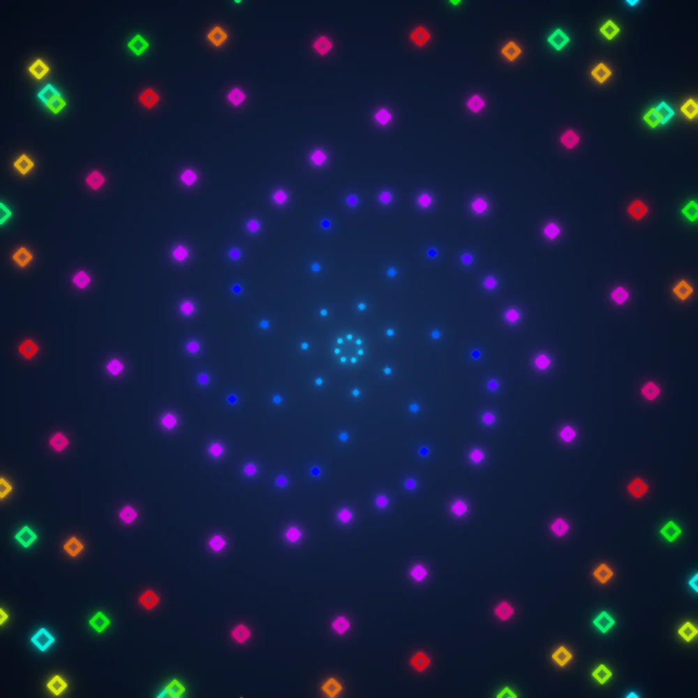Confetti Spiral – Spiral · 90 diamonds · 7-fold symmetry · Rainbow palette · bloom, cool grade, 3D depth, glow, depth sorting generated with Espiralito