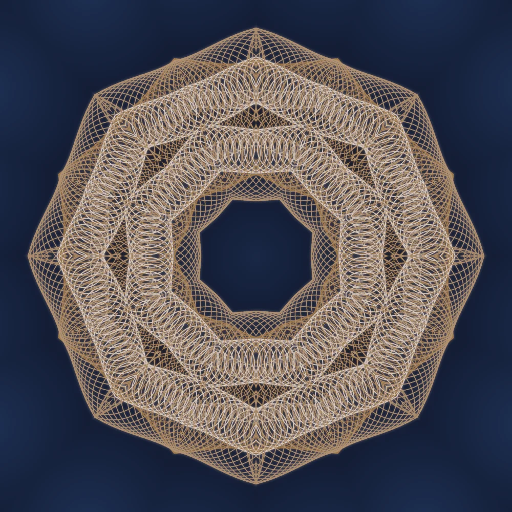 Copper Lantern – Superformula · 280 circles · 2-fold symmetry · Desert palette · 8-wedge kaleidoscope with 2 fractal folds, glow generated with Espiralito