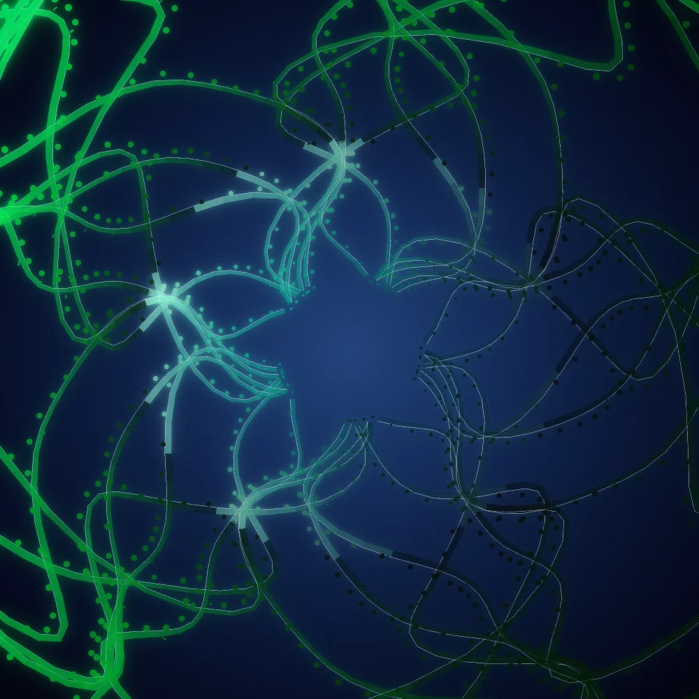 Coral Cathedral – Organic · 200 circles · 5-fold symmetry · Bioluminescent palette · bloom, film grain, glow generated with Espiralito