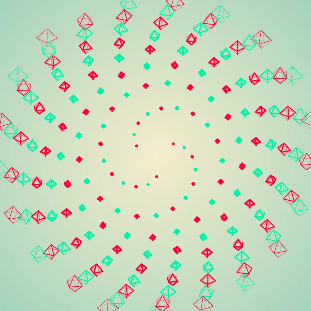 Coral Gems – Fibonacci · 58 wireframe octahedra · 3-fold symmetry · Complementary Teal palette · film grain, warm grade, tapered strokes, turning solids generated with Espiralito