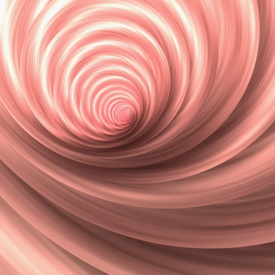 Coral Tunnel – Swirls · a stack of paper discs sinking into a tunnel · 3 arms · Coral palette · bloom, reverse rotation