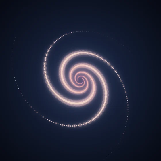 Coral Vortex – Spiral · 188 circles · 3-fold symmetry · Coral palette · bloom, 3D depth, glow, depth sorting