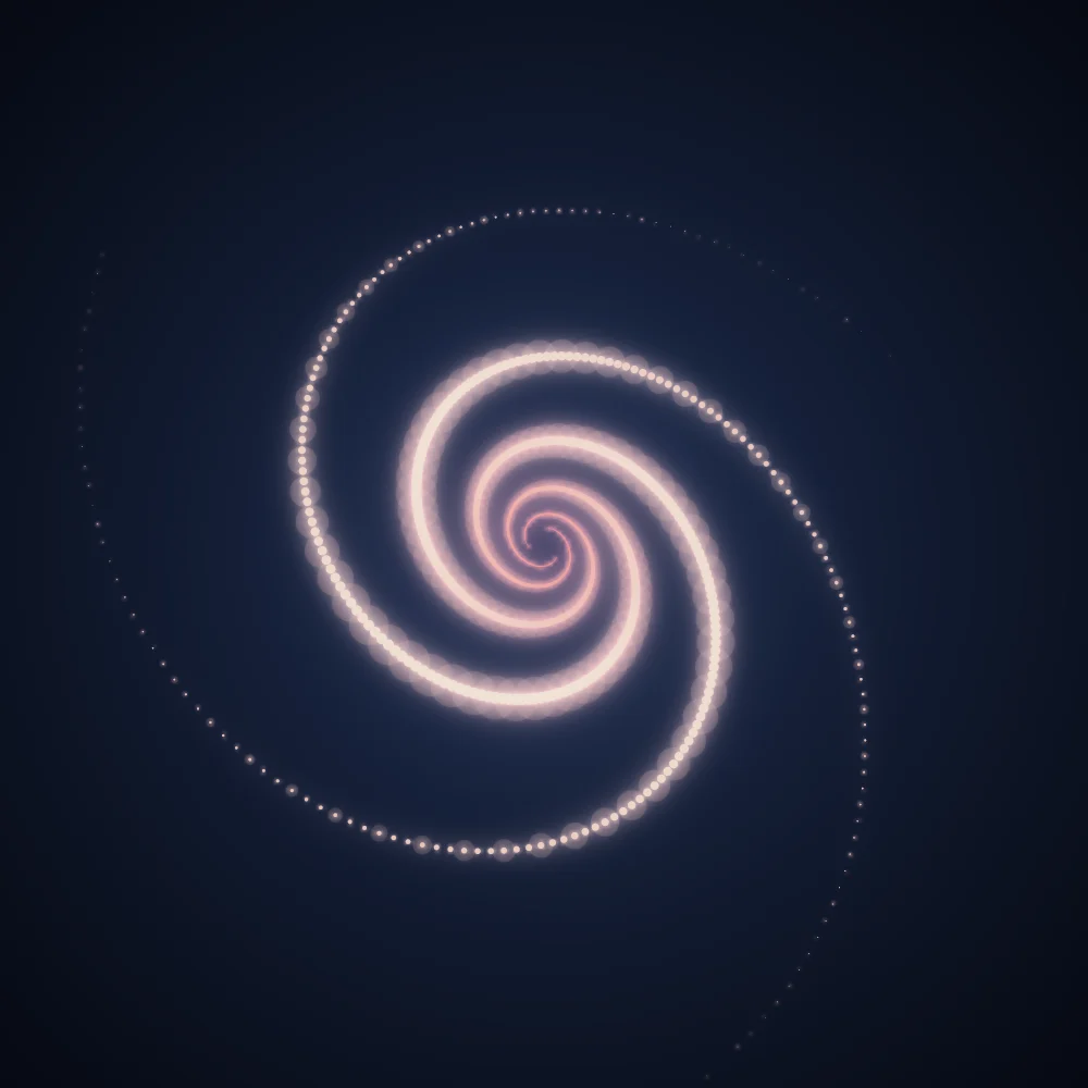Coral Vortex – Spiral · 188 circles · 3-fold symmetry · Coral palette · bloom, 3D depth, glow, depth sorting generated with Espiralito