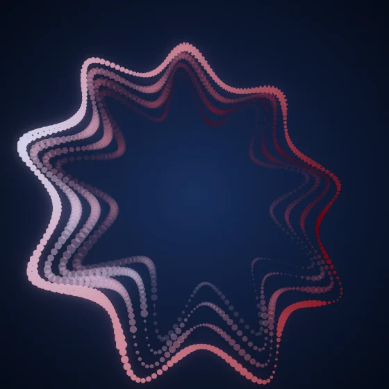 Crimson Bloom – Superformula · 173 squares · 9-fold symmetry · Crimson palette · bloom, cool grade, 3D depth, tapered strokes, shape morphing, fit-to-canvas, noise-sized shapes, depth sorting, connecting lines