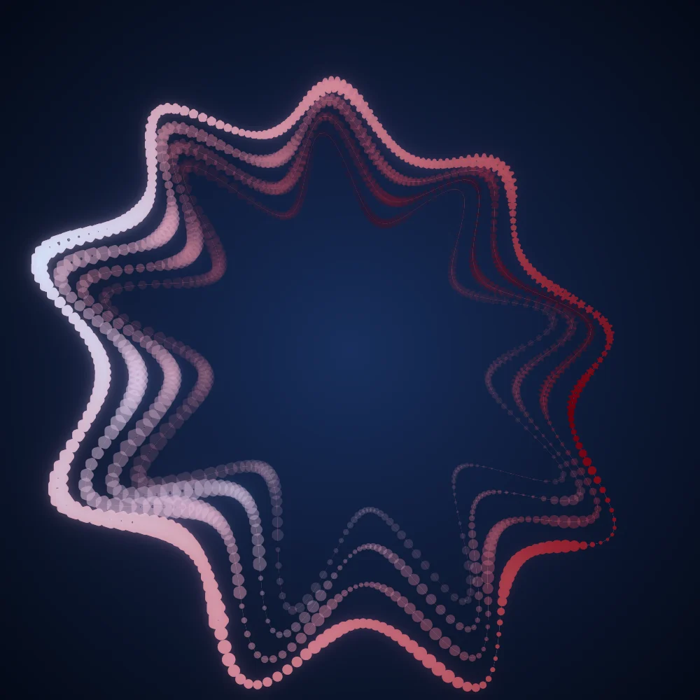 Crimson Bloom – Superformula · 173 squares · 9-fold symmetry · Crimson palette · bloom, cool grade, 3D depth, tapered strokes, shape morphing, fit-to-canvas, noise-sized shapes, depth sorting, connecting lines generated with Espiralito