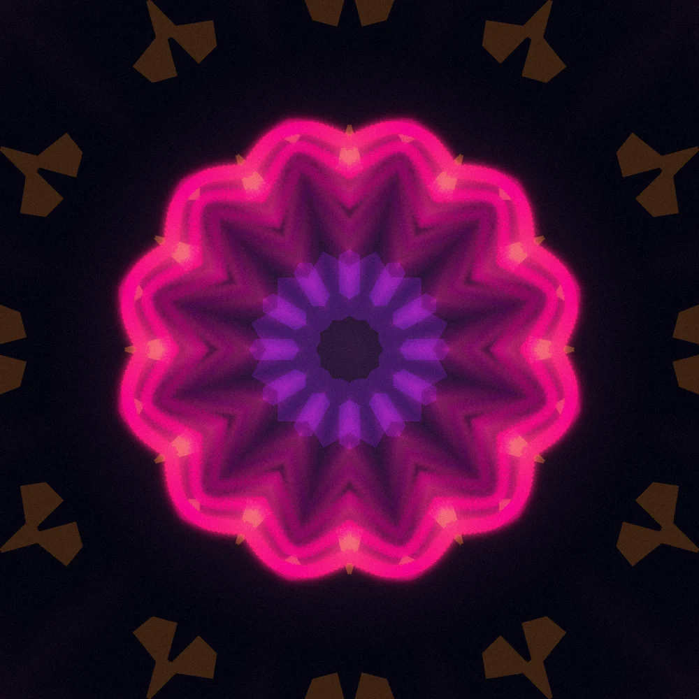 Crimson Kaleidoscope – Superformula · 226 wireframe octahedra · 6-fold symmetry · Blood Moon palette · 12-wedge kaleidoscope with 1 fractal fold, bloom, film grain, 3D depth, reverse rotation, animated background, glow, motion trails, depth sorting generated with Espiralito