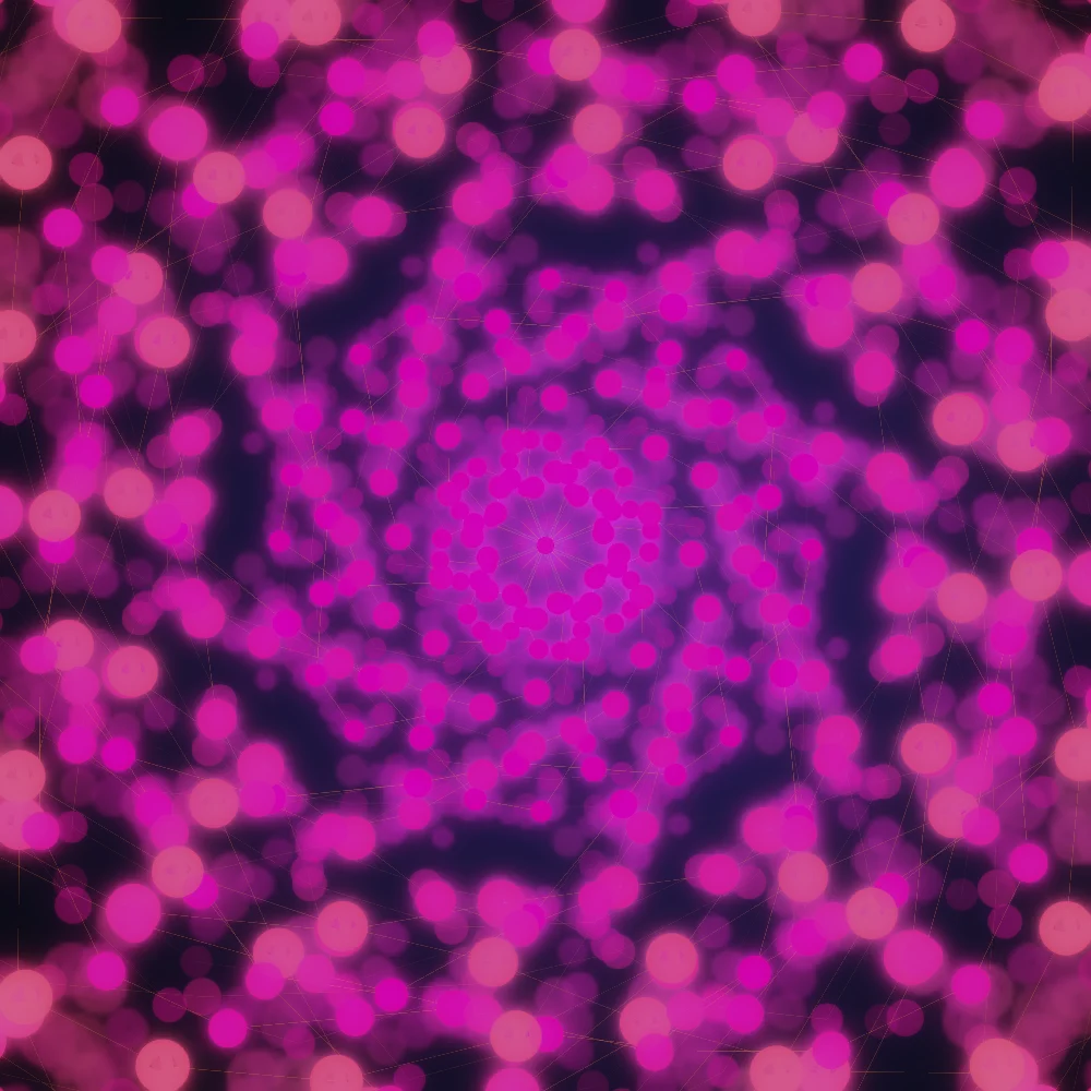 Crimson Orbs – Spiral · 157 wireframe spheres · 8-fold symmetry · Blood Moon palette · bloom, cool grade, 3D depth, ellipse distortion, dual spiral, tapered strokes, animated background, glow, motion trails, depth sorting, connecting lines, turning solids generated with Espiralito