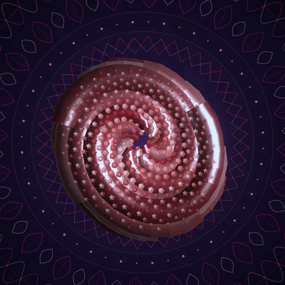 Crimson Seedhead – Fibonacci · 177 squares · Crimson palette · ribbons + dots, bloom, cool grade, 3D depth, tapered strokes, shape morphing