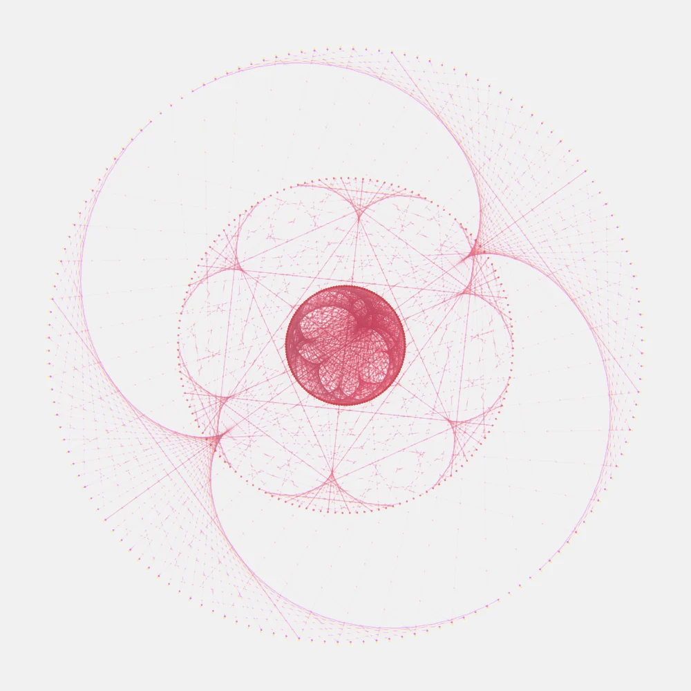 Crimson String – Mandala · 220 diamonds · Crimson palette · bloom, chromatic aberration, glow generated with Espiralito