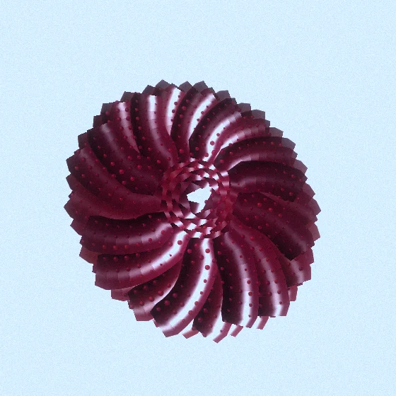 Crimson Sunwheel – Fibonacci · 244 circles · Crimson palette · ribbons + dots, bloom, film grain, cool grade, 3D depth, noise-sized shapes