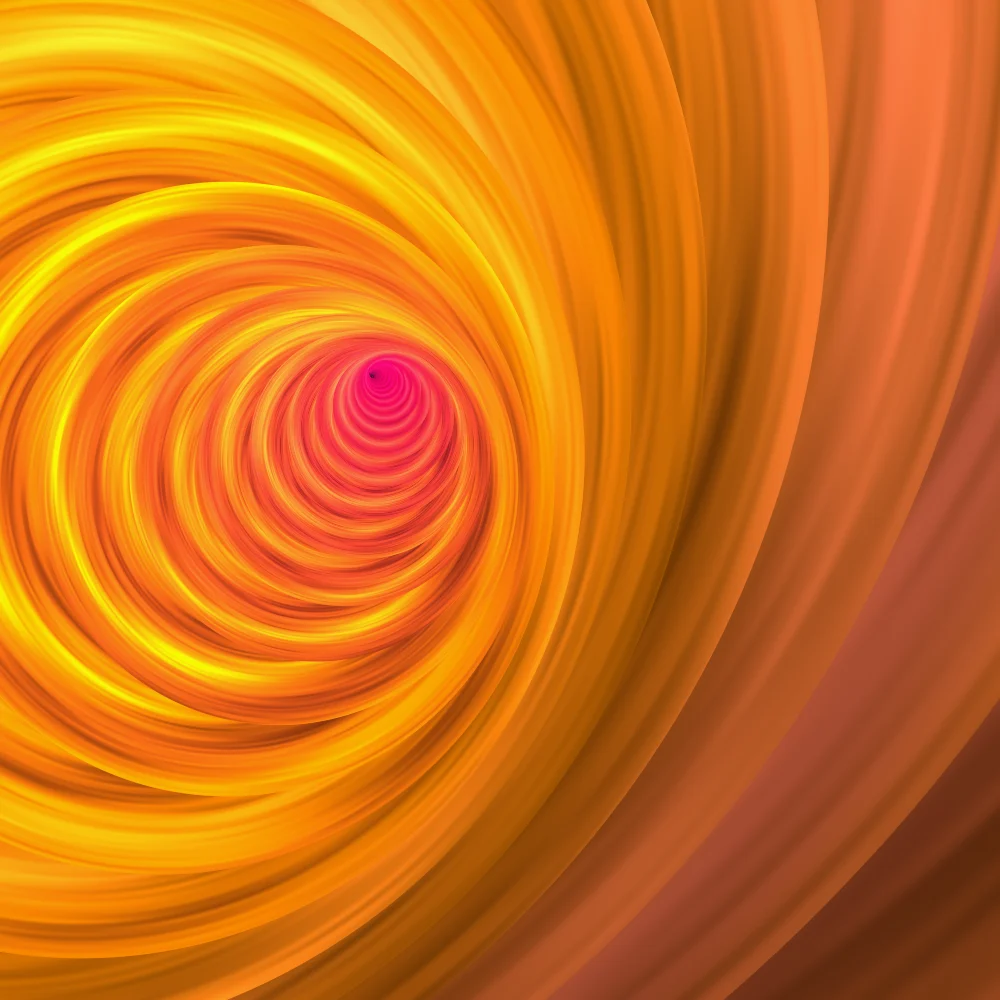 Crimson Tunnel – Swirls · a stack of paper discs sinking into a tunnel · 2 arms · Blood Moon palette · bloom, reverse rotation generated with Espiralito
