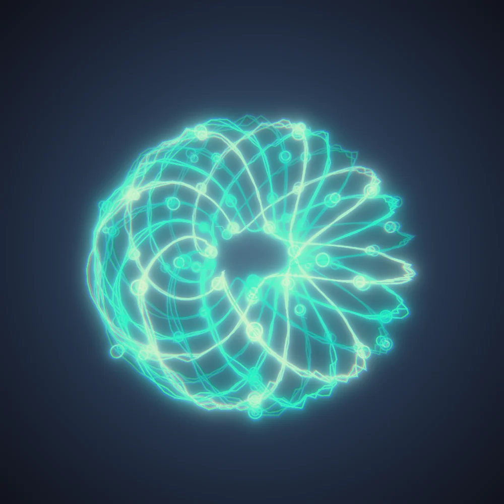 Cyan Knot – Mandala · 220 circles · Mono Cyan palette · bloom, chromatic aberration, warm grade, glow generated with Espiralito