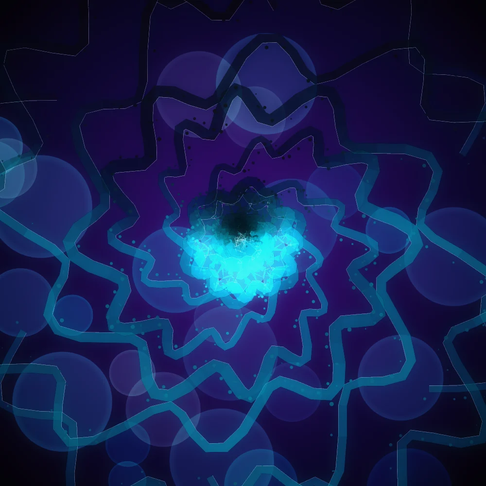 Cyan Nautilus – Organic · 123 circles · 6-fold symmetry · Mono Cyan palette · bloom, 3D depth, tapered strokes, depth sorting generated with Espiralito