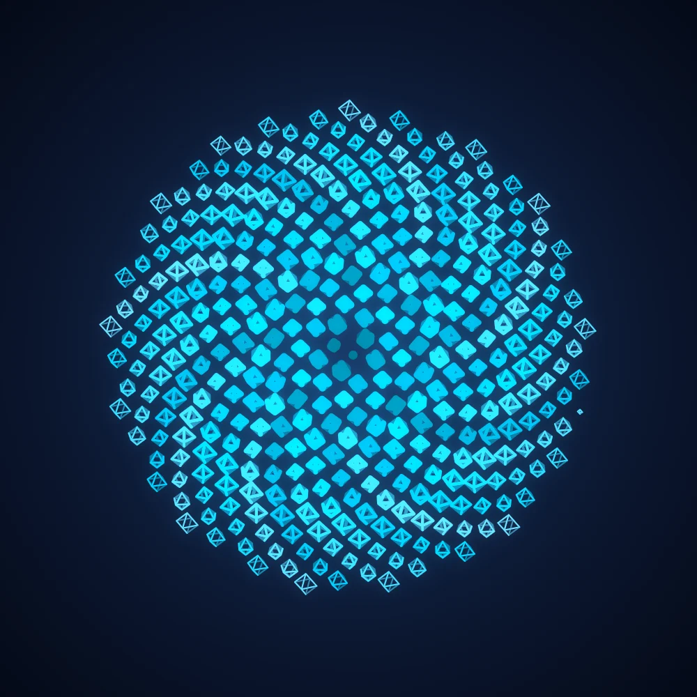 Cyan Octahedra – Fibonacci · 181 wireframe octahedra · Mono Cyan palette · bloom, cool grade, tapered strokes, turning solids generated with Espiralito