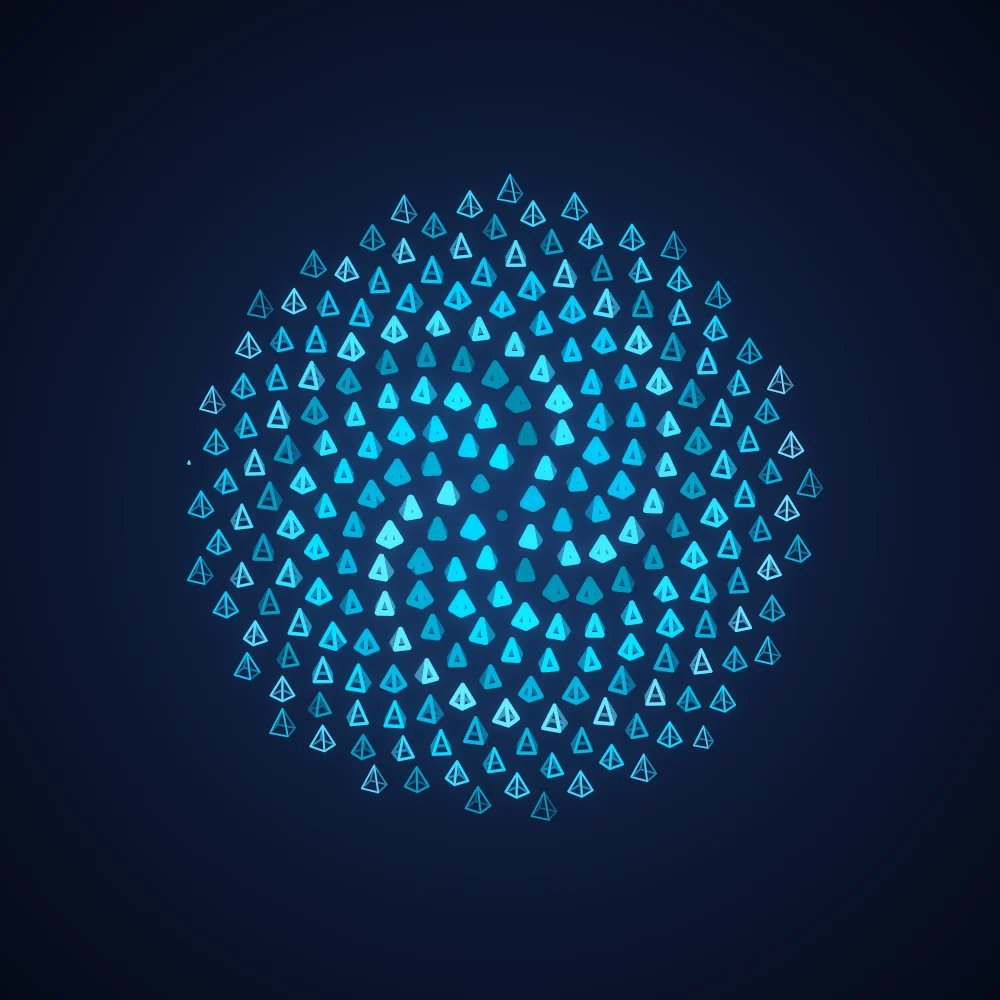 Cyan Pyramids – Fibonacci · 120 wireframe pyramids · Mono Cyan palette · bloom, cool grade, tapered strokes, turning solids generated with Espiralito