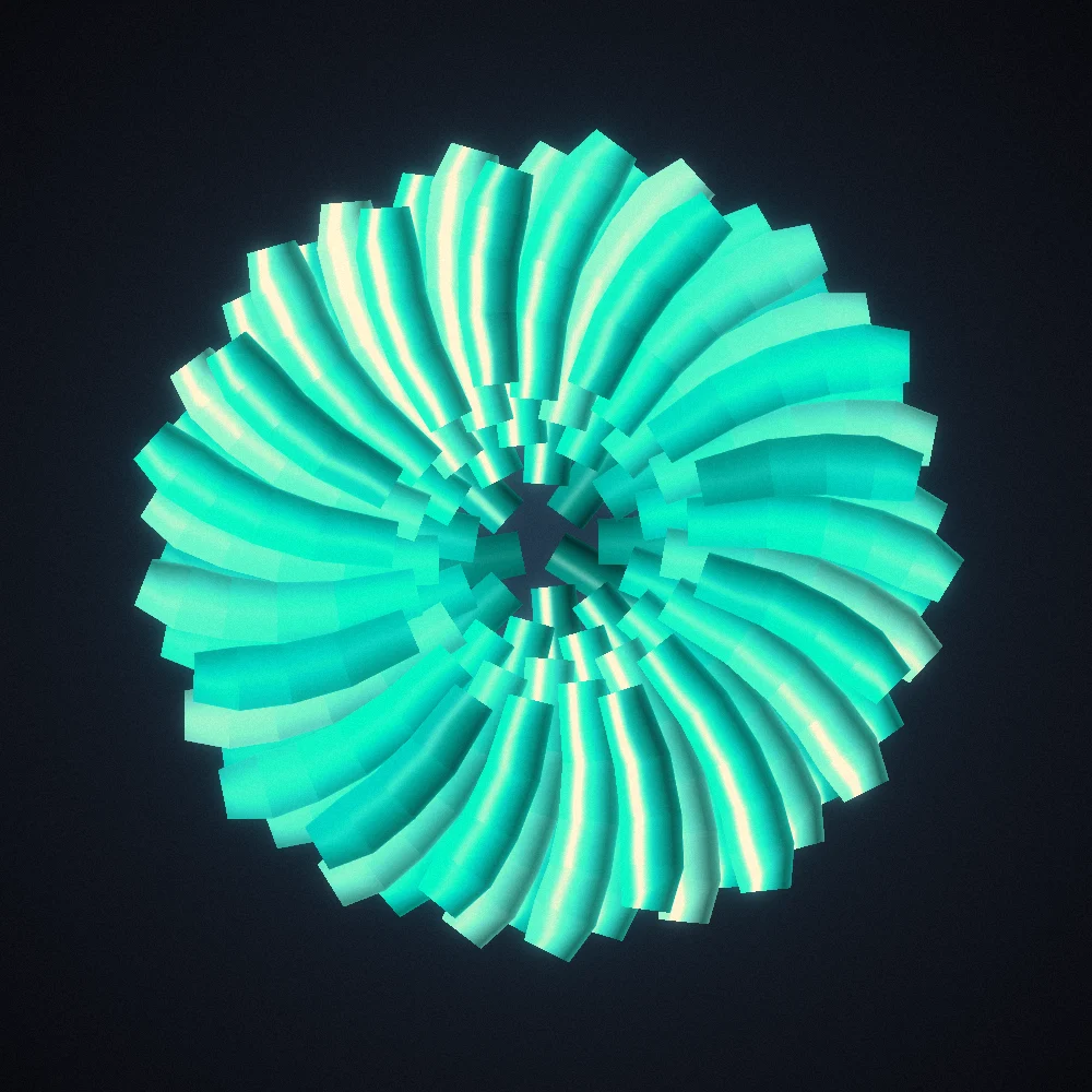 Cyan Seedhead – Fibonacci · 160 circles · Mono Cyan palette · shaded ribbons, bloom, film grain, warm grade generated with Espiralito
