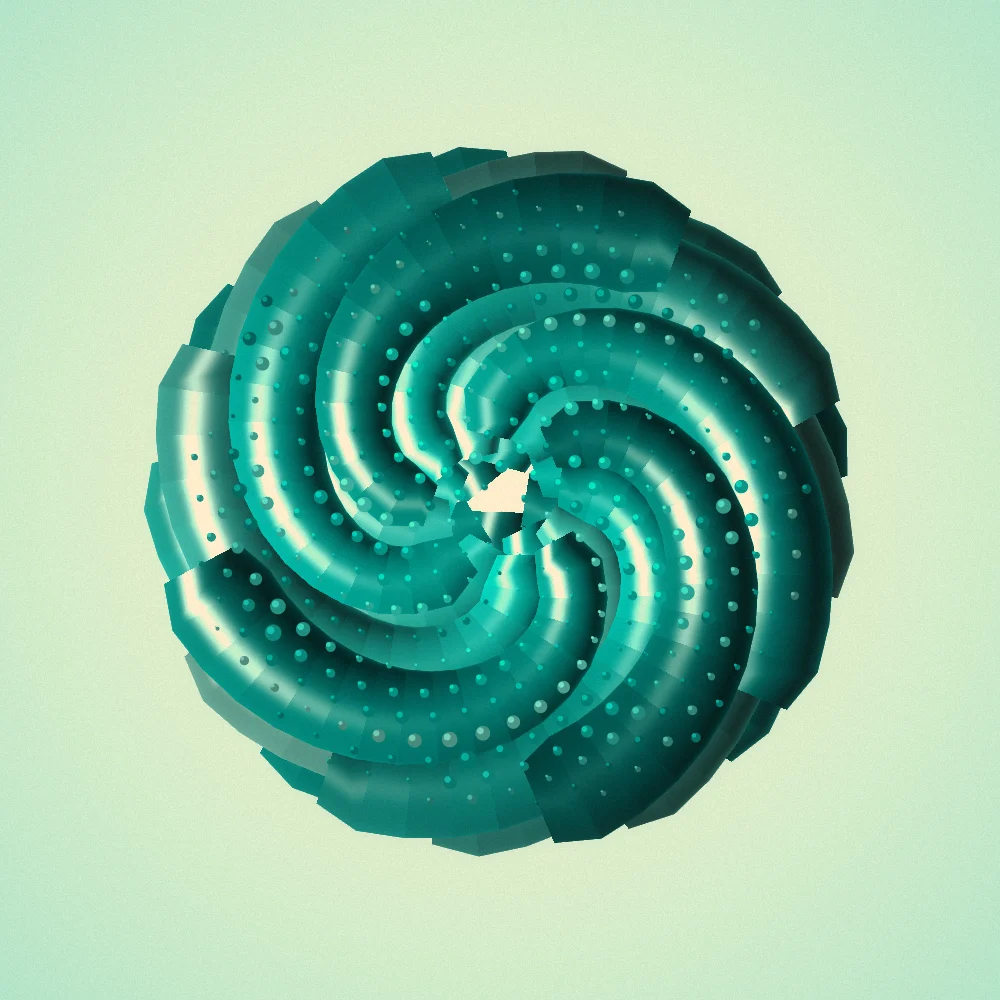 Cyan Sunwheel – Fibonacci · 198 circles · Mono Cyan palette · ribbons + dots, bloom, film grain, warm grade, noise-sized shapes generated with Espiralito