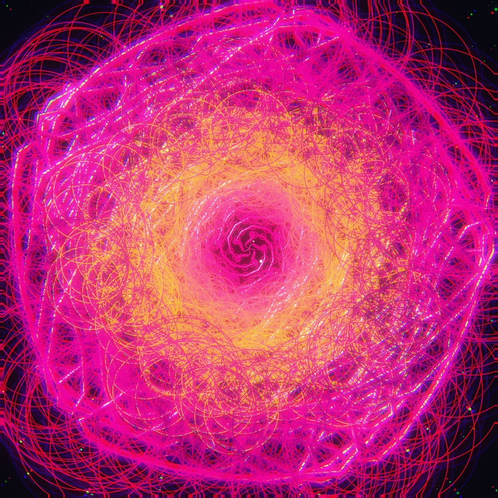 Dark Matter – Burst · 300 circles · 5-fold symmetry · Blood Moon palette · ribbons + dots, bloom, chromatic aberration, film grain generated with Espiralito