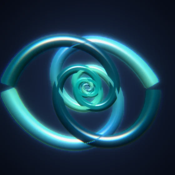 Deep Sea Whorl – Spiral · 245 triangles · 2-fold symmetry · Deep Sea palette · ribbons + dots, bloom, chromatic aberration, 3D depth, dual spiral, tapered strokes, shape morphing, glow