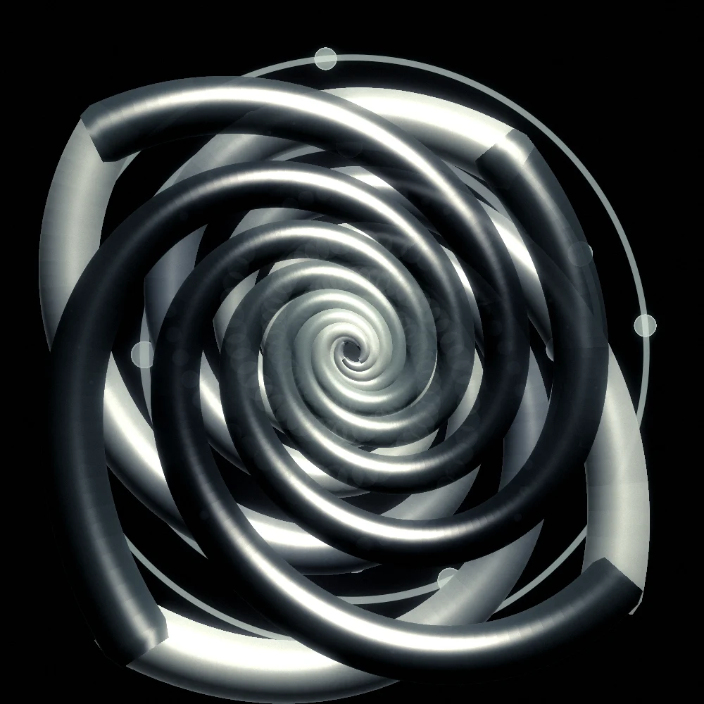 Deep Sea Whorl – Spiral · 206 circles · 4-fold symmetry · Deep Sea palette · shaded ribbons, bloom, film grain, black-and-white grade, 3D depth, dual spiral generated with Espiralito