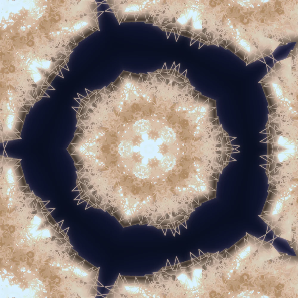 Desert Rose – Burst · 233 triangles · 8-fold symmetry · Desert palette · ribbons + dots, 5-wedge kaleidoscope with 1 fractal fold, bloom, cool grade, 3D depth, dual spiral, tapered strokes, shape morphing, animated background, fit-to-canvas, glow, noise-sized shapes, connecting lines generated with Espiralito