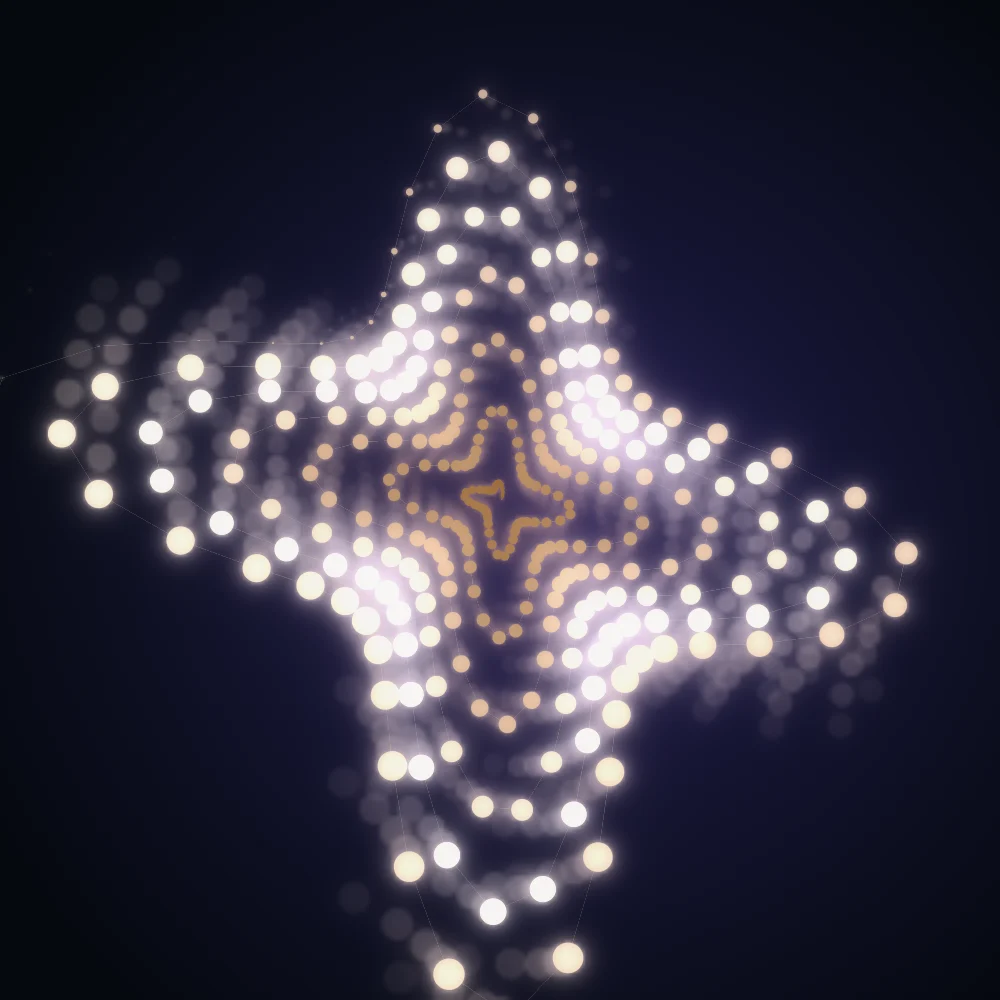 Dune Chalice – Superformula · 155 circles · 4-fold symmetry · Desert palette · bloom, 3D depth, reverse rotation, animated background, glow, motion trails, depth sorting, connecting lines generated with Espiralito