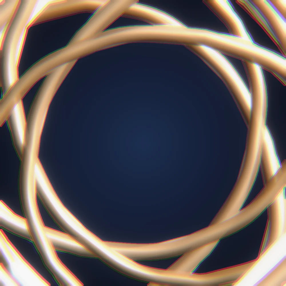 Dune Crest – Superformula · 191 circles · 6-fold symmetry · Desert palette · shaded ribbons, bloom, chromatic aberration, 3D depth generated with Espiralito
