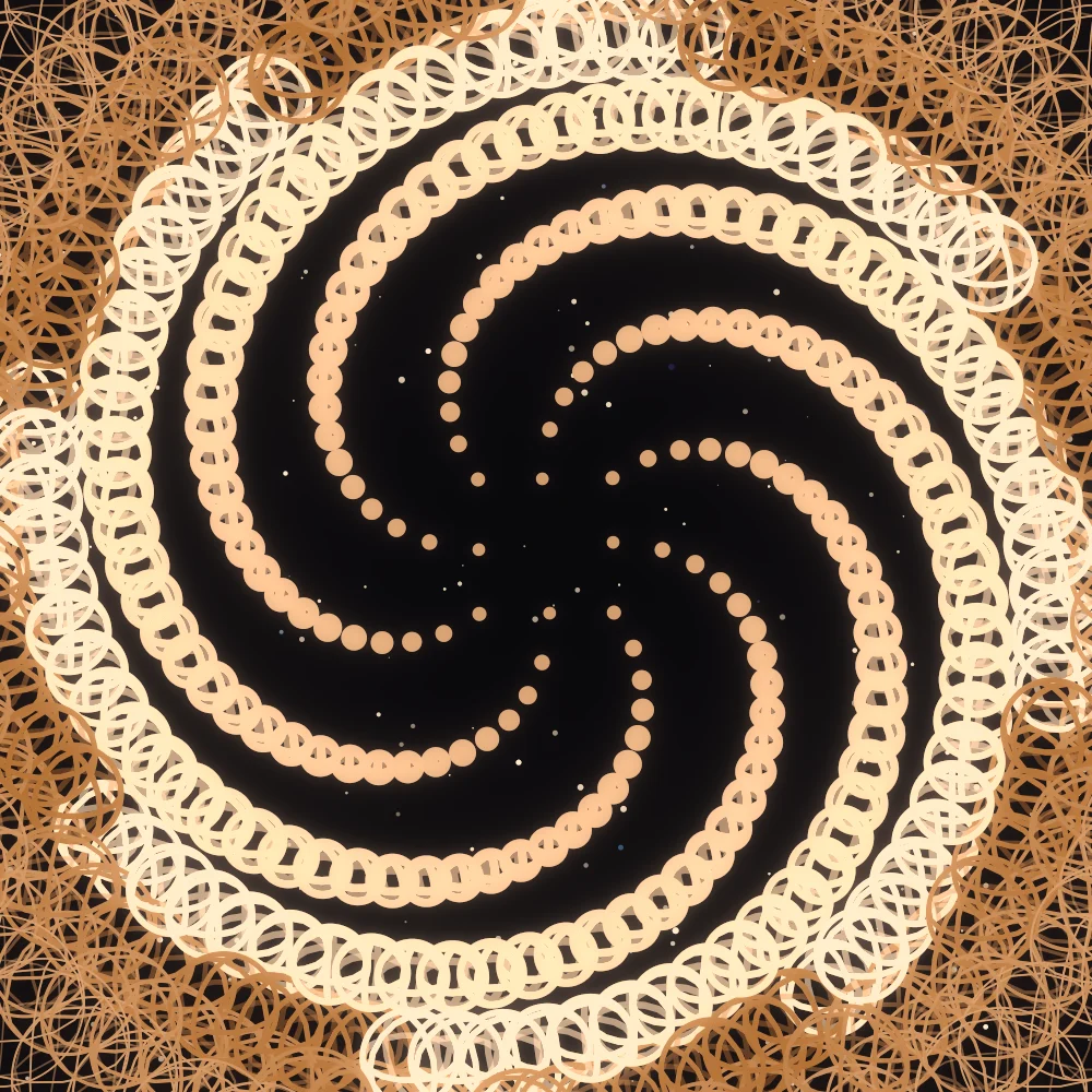 Dune Orbs – Fibonacci · 114 wireframe spheres · 4-fold symmetry · Desert palette · bloom, warm grade, tapered strokes, turning solids generated with Espiralito