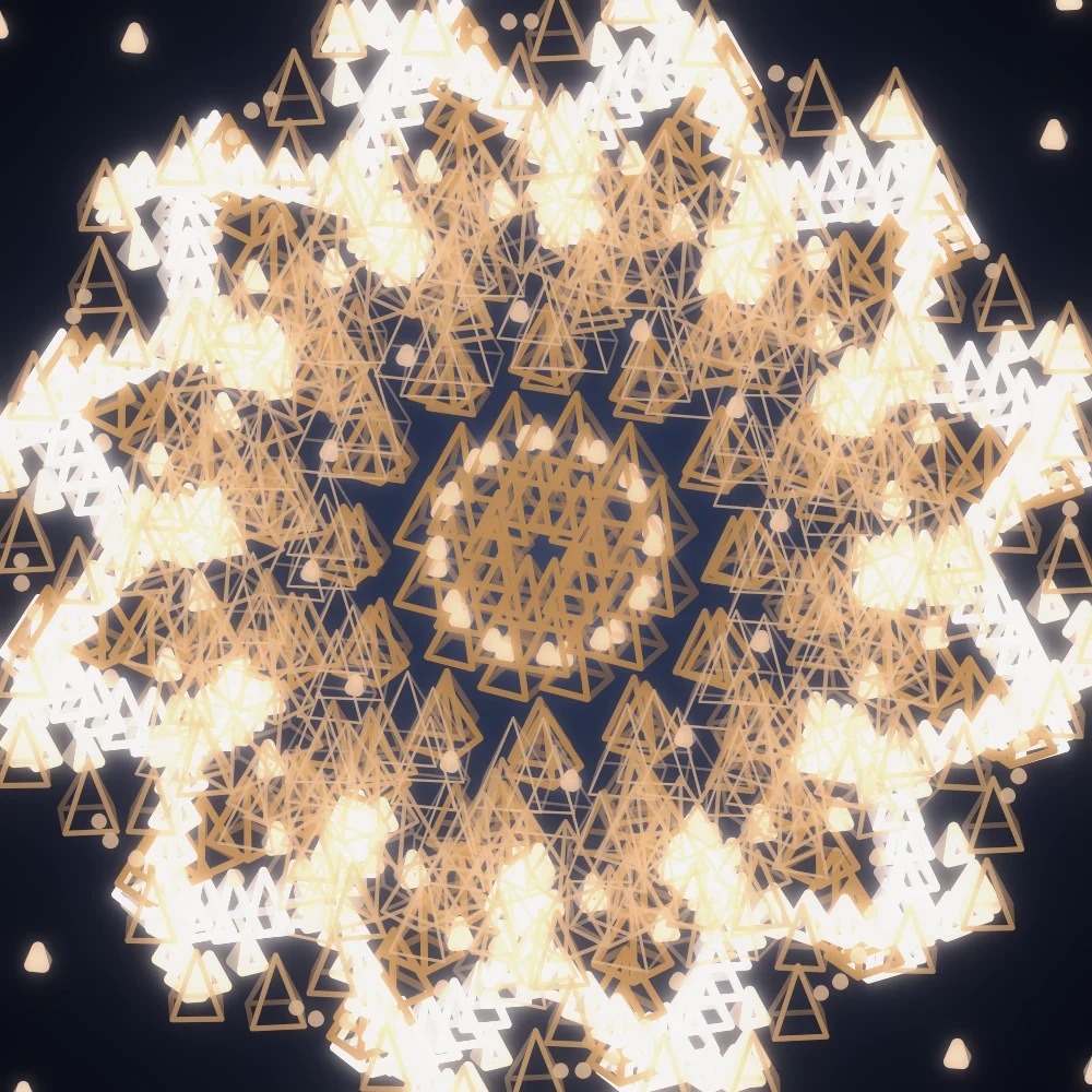 Dune Pyramids – Spirograph · 87 wireframe pyramids · 12-fold symmetry · Desert palette · bloom, 3D depth, tapered strokes, depth sorting, turning solids generated with Espiralito