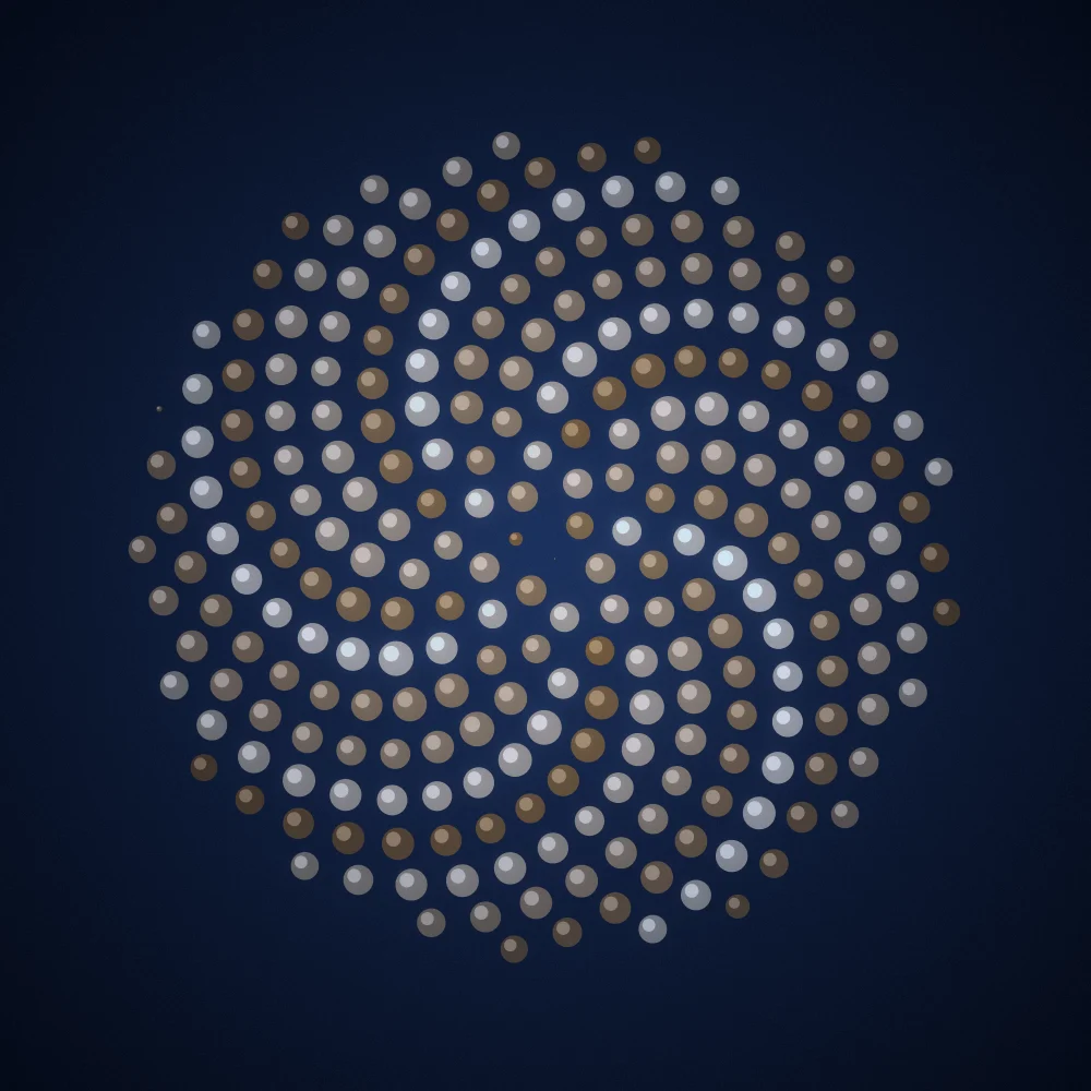 Dune Seedhead – Fibonacci · 128 circles · Desert palette · bloom, film grain, cool grade generated with Espiralito
