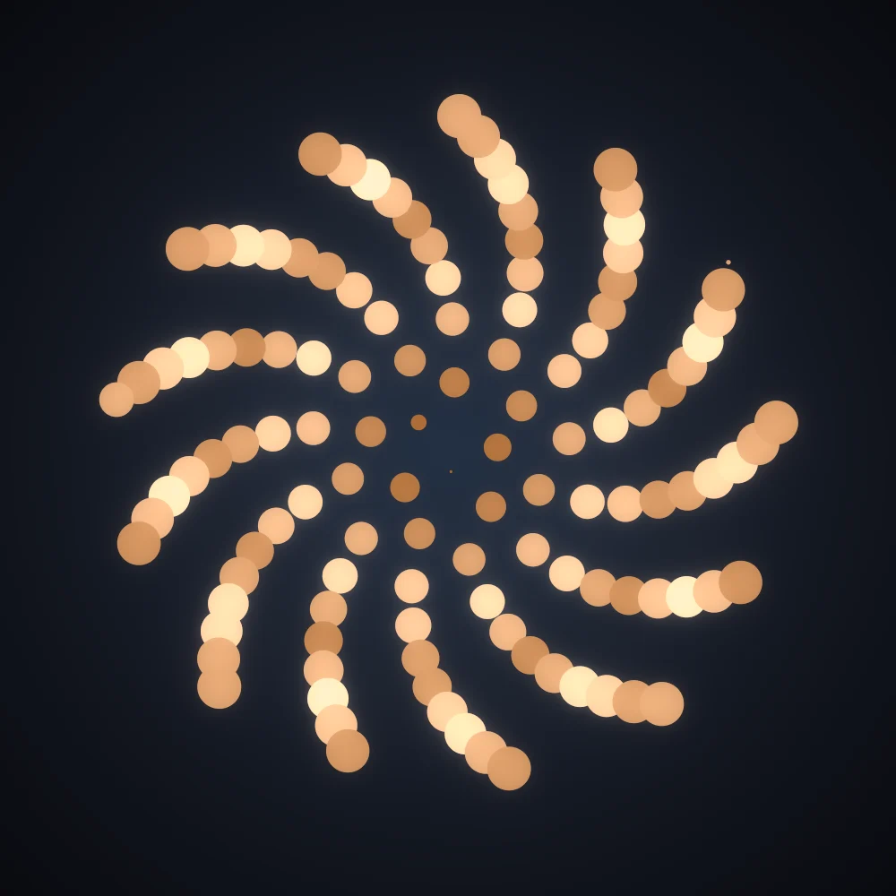 Dune Sunwheel – Fibonacci · 60 circles · Desert palette · bloom, warm grade generated with Espiralito
