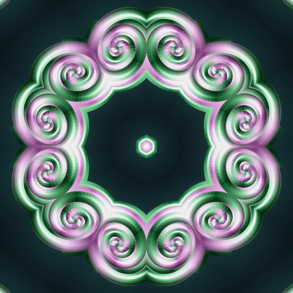 Duo Kaleidoscope – Spiral · 169 circles · 3-fold symmetry · Green-Magenta palette · shaded ribbons, 6-wedge kaleidoscope with 2 fractal folds, bloom, 3D depth, animated background, noise-sized shapes, connecting lines generated with Espiralito
