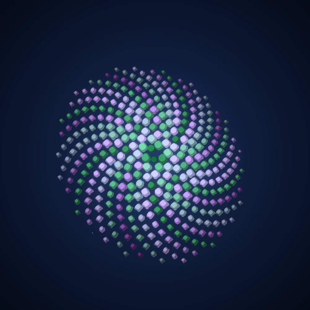 Duo Octahedra – Fibonacci · 176 wireframe octahedra · Green-Magenta palette · bloom, cool grade, 3D depth, tapered strokes, fit-to-canvas, depth sorting, turning solids generated with Espiralito